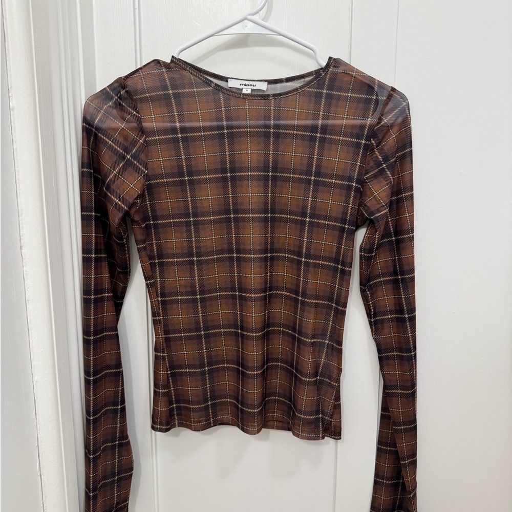 MIAOU plaid mesh long sleeve top